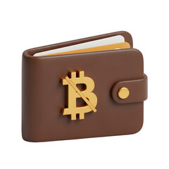 3d icon of brown leather wallet with bitcoin symbol, isolated on transparent background