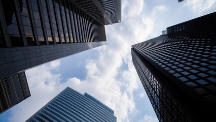 Dramatic skyscraper view looking upwards towards clouds and sky
