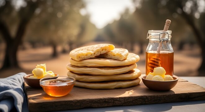 Stack of Pancakes with Honey and Butter in an Orchard.