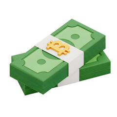 3d icon of stack of green bitcoin banknotes isolated on transparent background