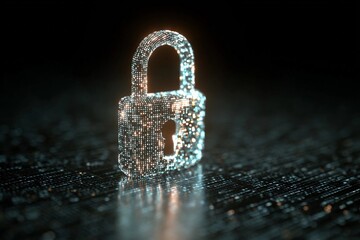 Digital lock glowing against a dark background with shimmering light particles
