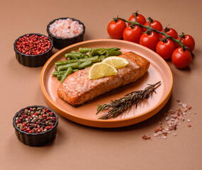 Fish, grilled salmon fillet, healthy food, seafood. Grilled salmon fillet as a background