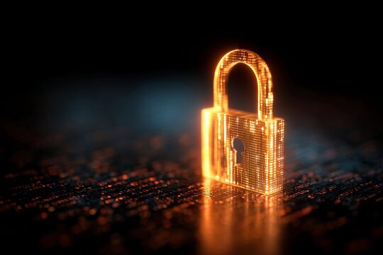 Digital lock glowing on a dark surface representing cyber security concepts