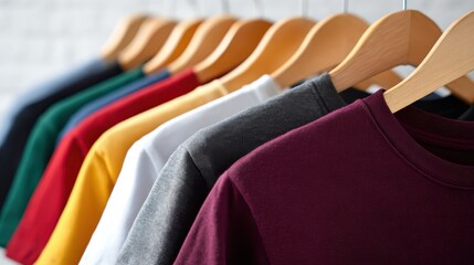 Obraz premium Colorful t shirts hanging on wooden hangers, forming a vibrant spectrum of fashion choices, showcasing apparel diversity and retail clothing display