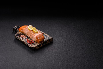 Fish, grilled salmon fillet, healthy food, seafood. Grilled salmon fillet as a background
