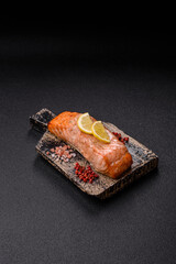 Fish, grilled salmon fillet, healthy food, seafood. Grilled salmon fillet as a background