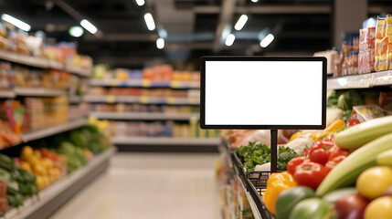 Shopping for fresh produce at the local supermarket. Vegetables and fruit are neatly displayed. A blank sign provides an opportunity for custom marketing. Aisles stretch afar.
