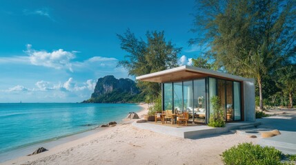 Fototapeta premium Modern beach house on sandy shore