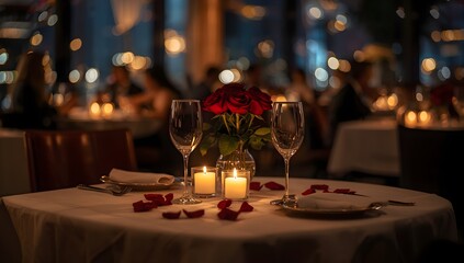 Romantic candlelit dinner table for two