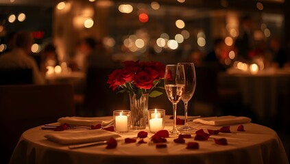 Candlelit table with rose petals and wine glasses