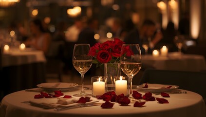 Romantic dinner scene with soft focus background