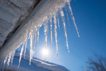 Icicles hanging from eaves under a bright blue sky in a winter landscape