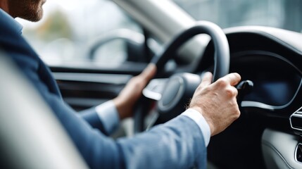 Businessman in suit driving luxury vehicle, hands on steering wheel, navigating city commute, representing corporate success, daily work travel, professional lifestyle and executive transport