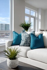 Bright living room with stylish couch and decorative pillows in a modern space during daylight