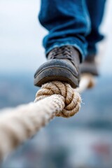 Balancing on a rope with sturdy boots in an outdoor setting during an overcast day