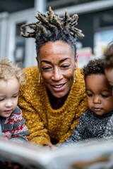 Engaging storytime session with children and a caregiver at a cozy reading corner