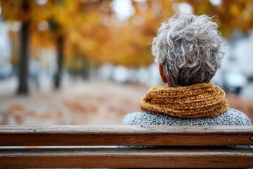 Elderly person enjoys a peaceful moment on a park bench surrounded by autumn leaves in a serene outdoor setting