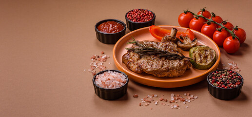 Grilled beef or pork steak, healthy restaurant food for lunch. Barbecue steak as a background