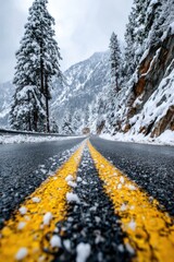 Snowy mountain road stretches through tall evergreens under a cloudy sky during winter season in a tranquil landscape