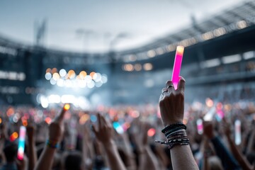 Colorful light sticks illuminate the crowd at a nighttime concert in a large stadium