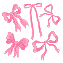 Cute hand drawn pink bows set. Delicate, feminine ribbon art for girl headdress, gifts, decoration, and celebration designs. Vector isolated clipart
