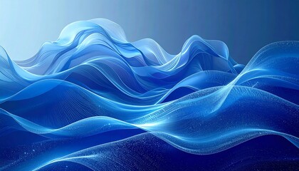 An abstract digital artwork showcasing fluid blue waves. The waves appear transparent and luminous, with light highlights. A gradient background gives the scene depth