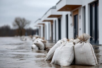 Flood prevention efforts using sandbags in residential area during heavy rainfall