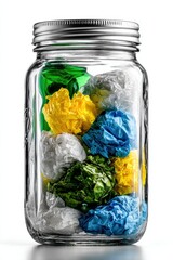 Colorful crumpled paper balls arranged in a jar creating a vibrant decorative display for home
