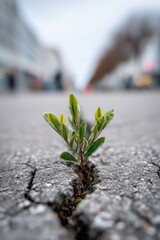 Resilient plant pushing through cracked pavement in urban setting during daytime