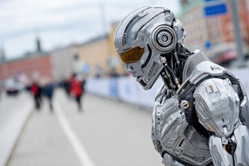 Robot stands quietly on city street while people walk by in the background on a cloudy day in a bustling urban setting