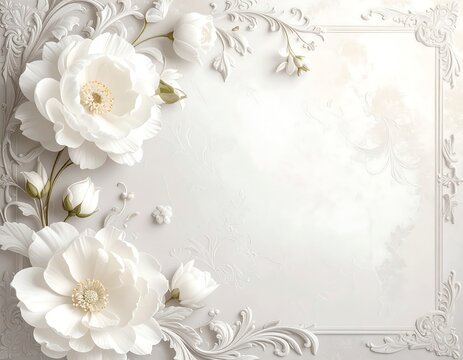 An elegant floral arrangement featuring large, white blooms and delicate buds, placed within a decorative, sculpted frame. The scene evokes a feeling of purity and sophistication