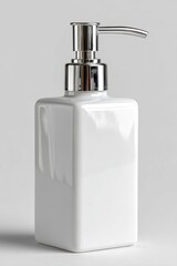 Elegant white soap dispenser on a neutral background set for a modern bathroom or kitchen setting