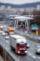 Drone monitors traffic on busy highway during overcast day near cityscape