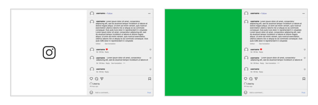 Instagram Post Feed Home Desktop mockup with green screen interface, photo grid, like and comment buttons, stories carousel, explore sidebar, post composer, and search bar layout vector illustration