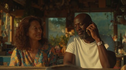 A man and woman sitting at a table talking on a cell phone
