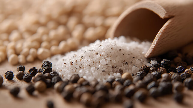 Salt, peppercorns, and spices create an inviting foodscape. The textures and earthy tones combine for an appetizing tableau that showcases cooking ingredients. - Powered by Adobe