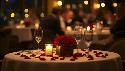 Luxurious restaurant table with red roses