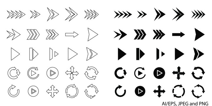 Collection of diverse arrow shapes and navigation icons for digital interfaces and web design vector
