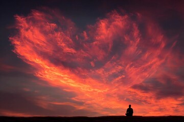 Heart-shaped clouds illuminate the sky at sunset over a tranquil landscape