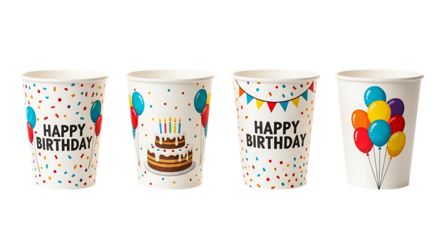 Four happy birthday paper cups isolated on transparent background