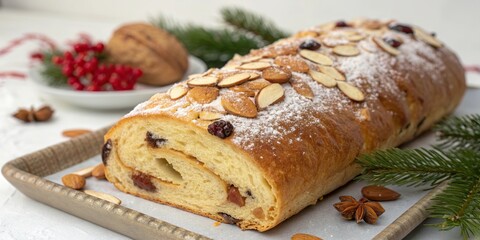 Traditional Christmas fruit loaf with nuts and candied berries on wooden board festive dessert.