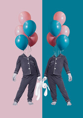 Creative surreal gender reveal concept for twin babies featuring two identical figures in pajamas...
