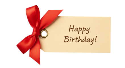 Happy birthday gift tag with red ribbon isolated on transparent background