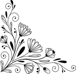 Hand-drawn delicate floral corner flourish with blooming flowers and swirling leaves organic design