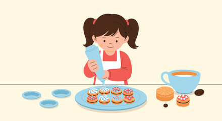 Young girl decorates donuts with icing baking and fun.