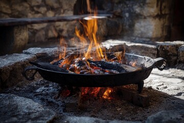 Firewood burning in a rustic outdoor fireplace during a calm evening