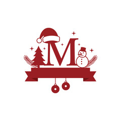 Naklejka premium Christmas monogram with the letter M, Santa hat, tree, and snowman with festive decorations
