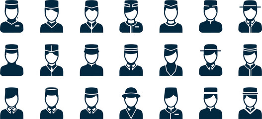 Diverse collection of stylized person icons featuring various hats and uniforms