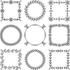Collection of hand-drawn decorative floral borders and frames for design projects