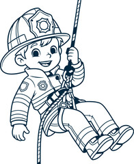 Happy child dressed as firefighter sliding down rope ready for adventure